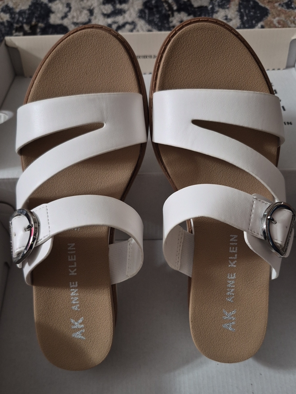 Anne Klein White Double-Strap Slide Sandals with Silver Buckles